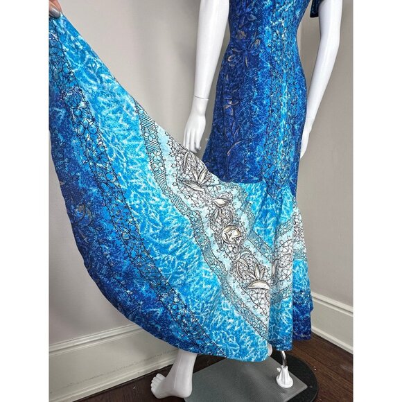 Vintage 1960s Blue Mermaid Maxi Dress, Hawaiian Casuals by Stan Hicks Size XS - Picture 3 of 5